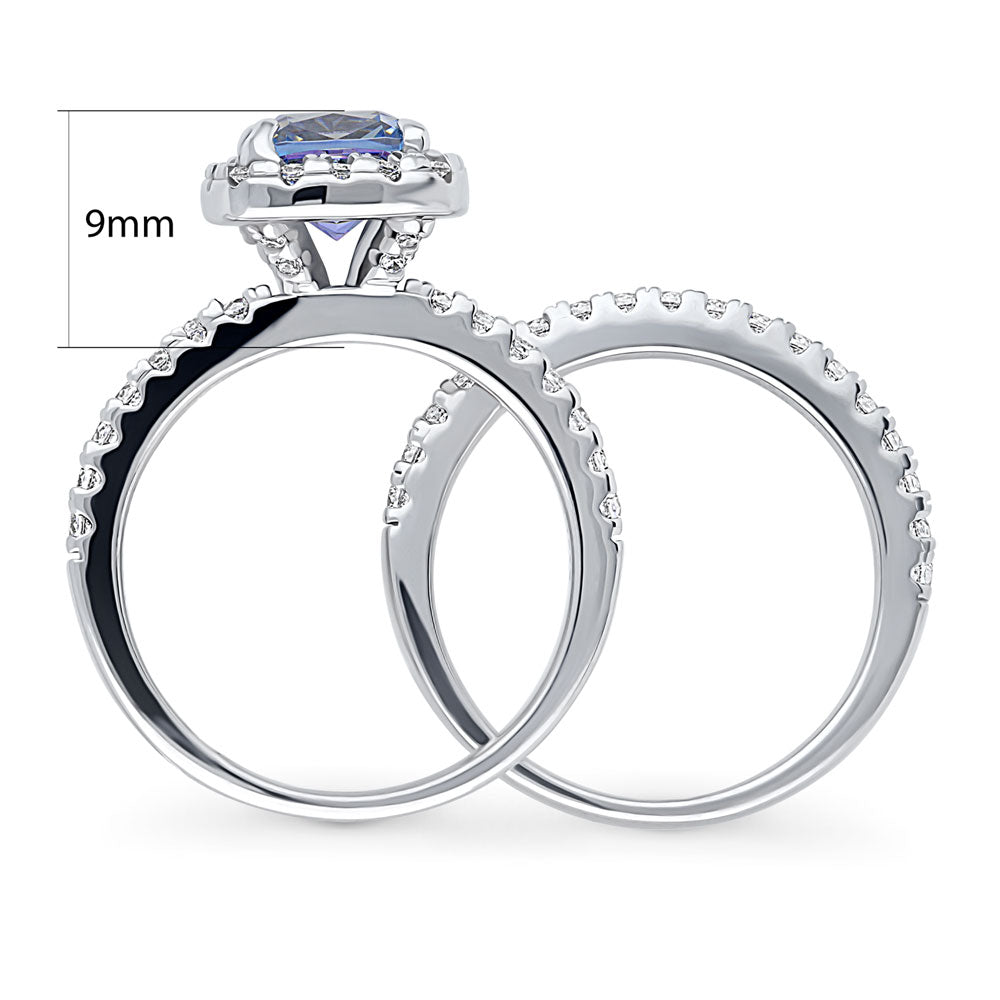 Halo Kaleidoscope Purple Aqua Cushion CZ Ring Set in Sterling Silver