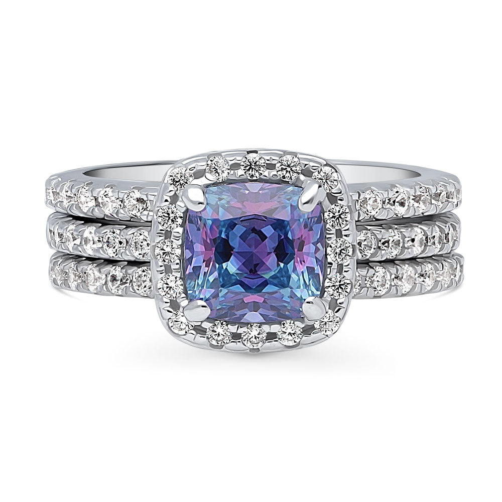 Halo Kaleidoscope Purple Aqua Cushion CZ Ring Set in Sterling Silver