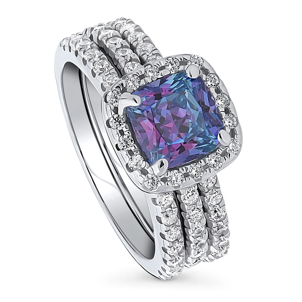 Halo Kaleidoscope Purple Aqua Cushion CZ Ring Set in Sterling Silver