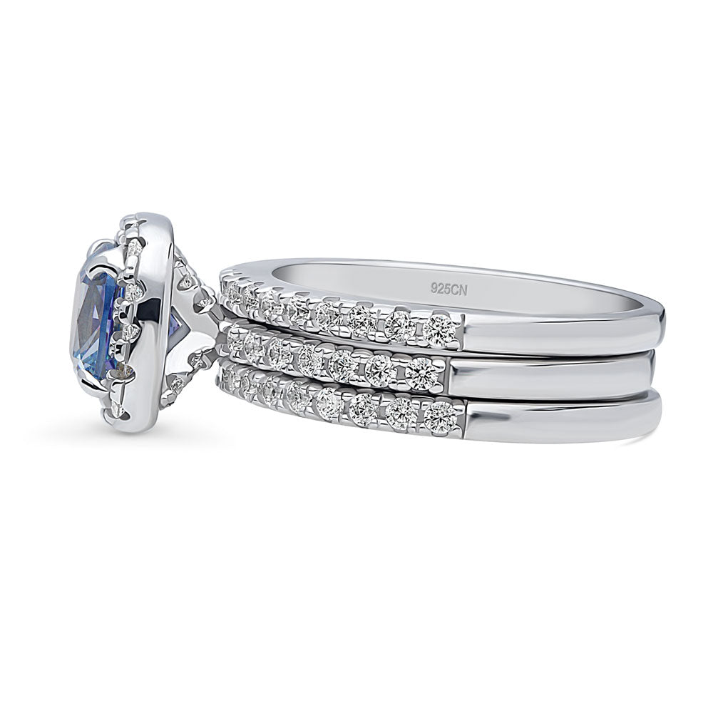 Halo Kaleidoscope Purple Aqua Cushion CZ Ring Set in Sterling Silver