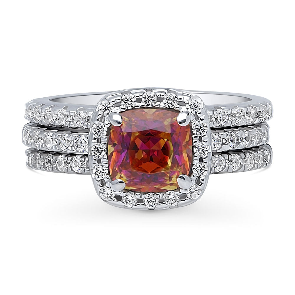 Halo Kaleidoscope Red Orange Cushion CZ Ring Set in Sterling Silver