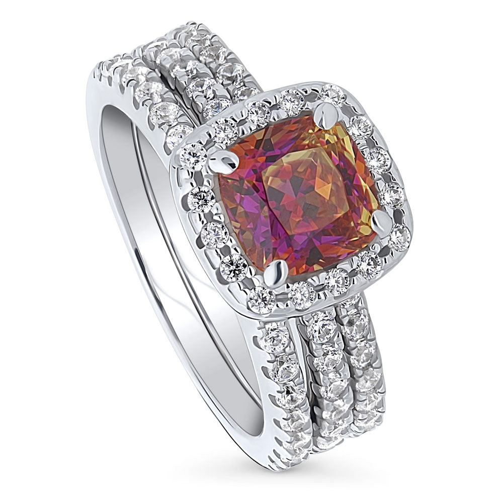 Halo Kaleidoscope Red Orange Cushion CZ Ring Set in Sterling Silver