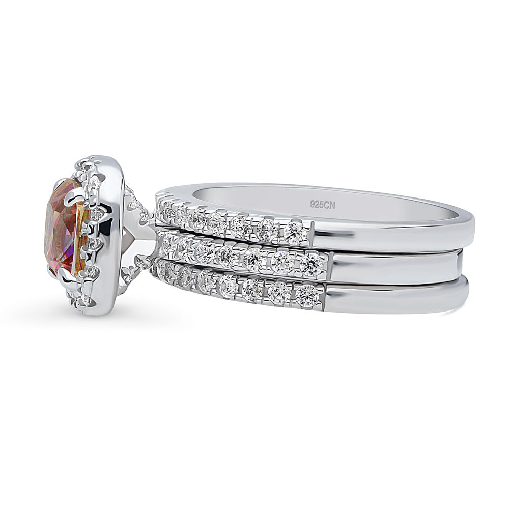 Halo Kaleidoscope Red Orange Cushion CZ Ring Set in Sterling Silver