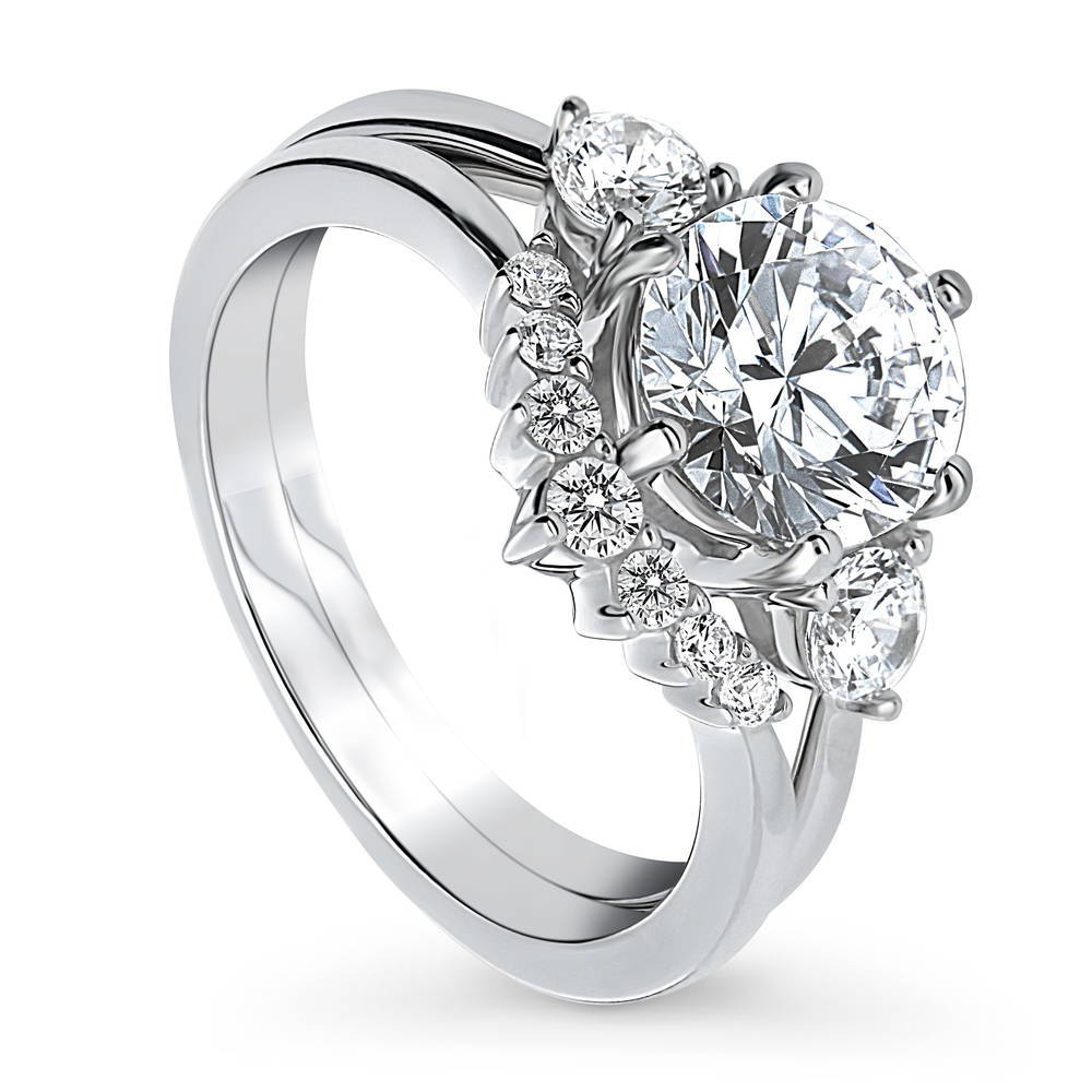 3-Stone Wishbone 7-Stone 2ct CZ Ring Set in Sterling Silver