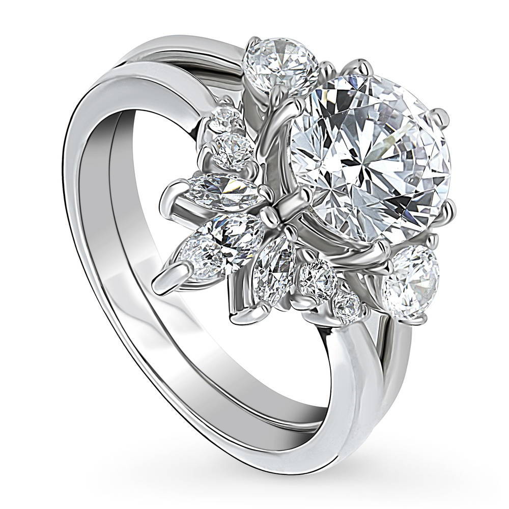 3-Stone Flower 7-Stone Wishbone CZ Ring Set in Sterling Silver