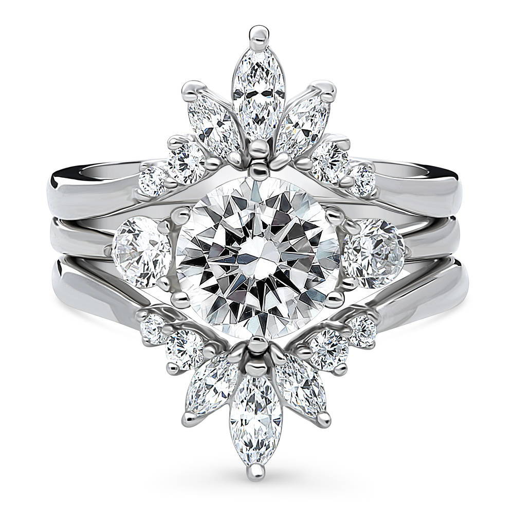 3-Stone Flower 7-Stone Wishbone CZ Ring Set in Sterling Silver