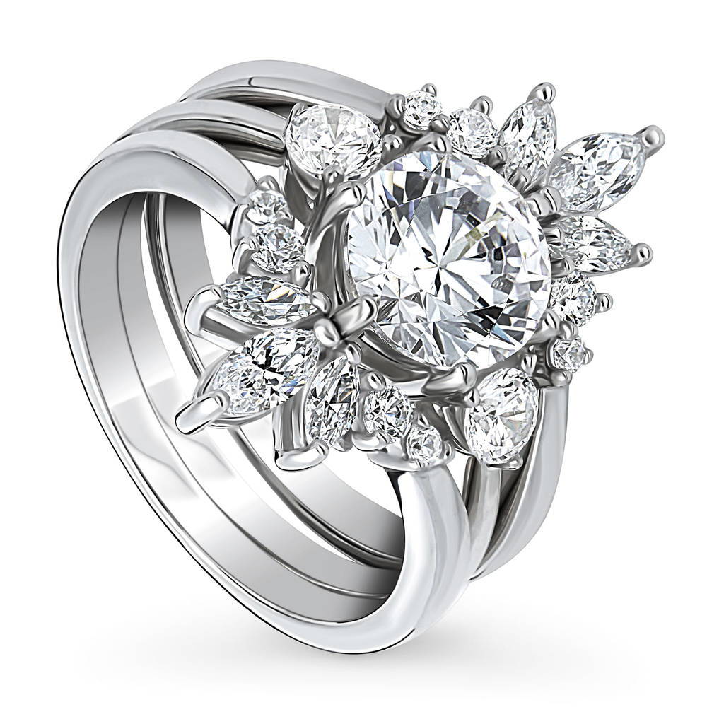3-Stone Flower 7-Stone Wishbone CZ Ring Set in Sterling Silver