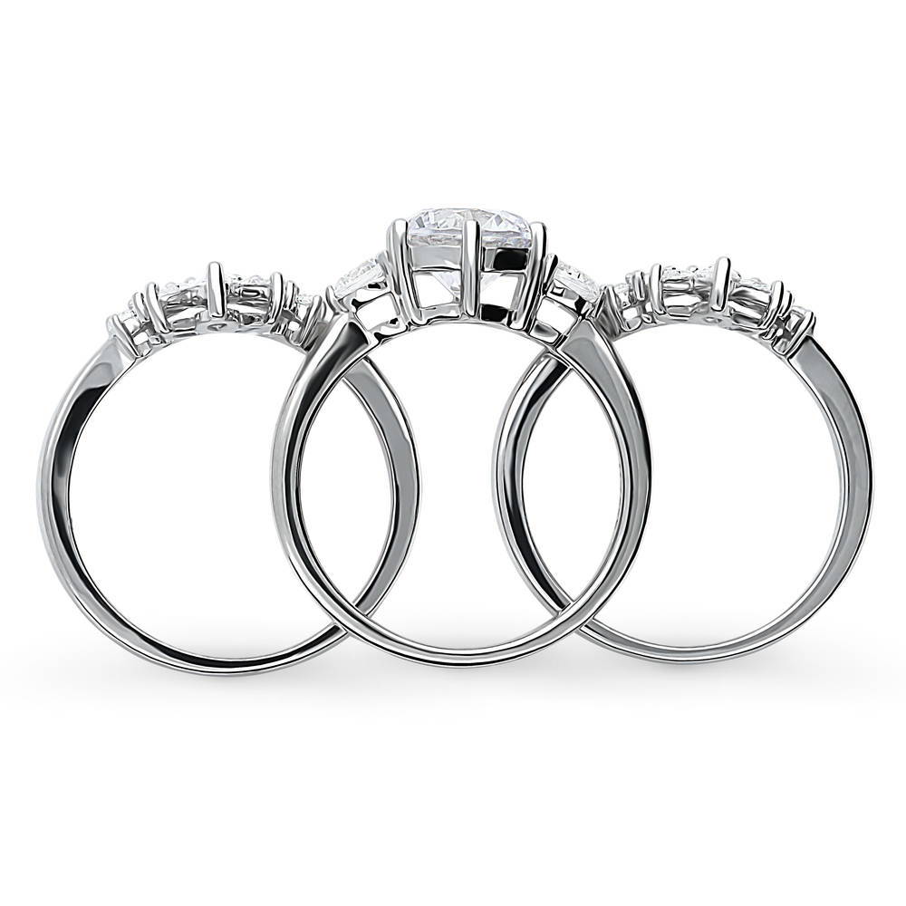 3-Stone Flower 7-Stone Wishbone CZ Ring Set in Sterling Silver