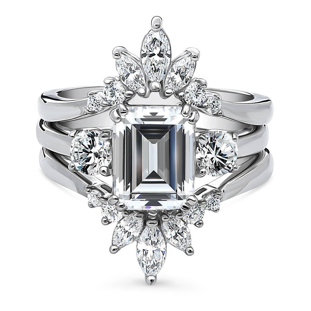 3-Stone Flower 7-Stone Wishbone CZ Ring Set in Sterling Silver