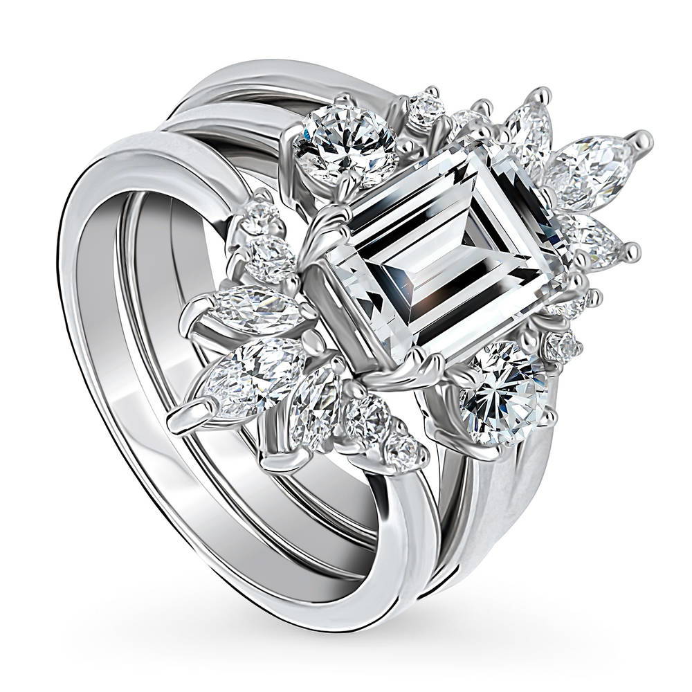 3-Stone Flower 7-Stone Wishbone CZ Ring Set in Sterling Silver