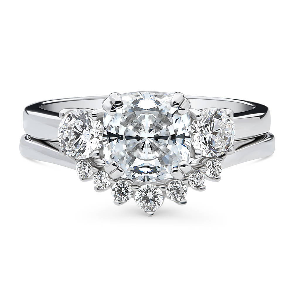 3-Stone Wishbone 7-Stone Cushion CZ Ring Set in Sterling Silver
