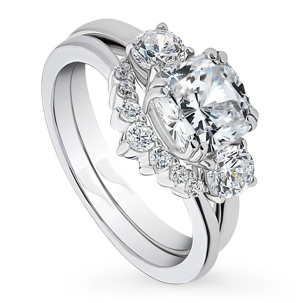 3-Stone Wishbone 7-Stone Cushion CZ Ring Set in Sterling Silver