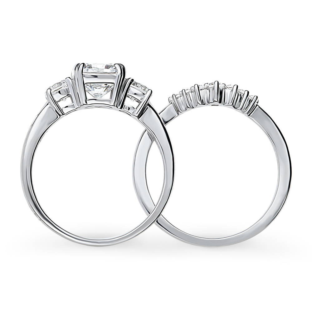 3-Stone Wishbone 7-Stone Cushion CZ Ring Set in Sterling Silver