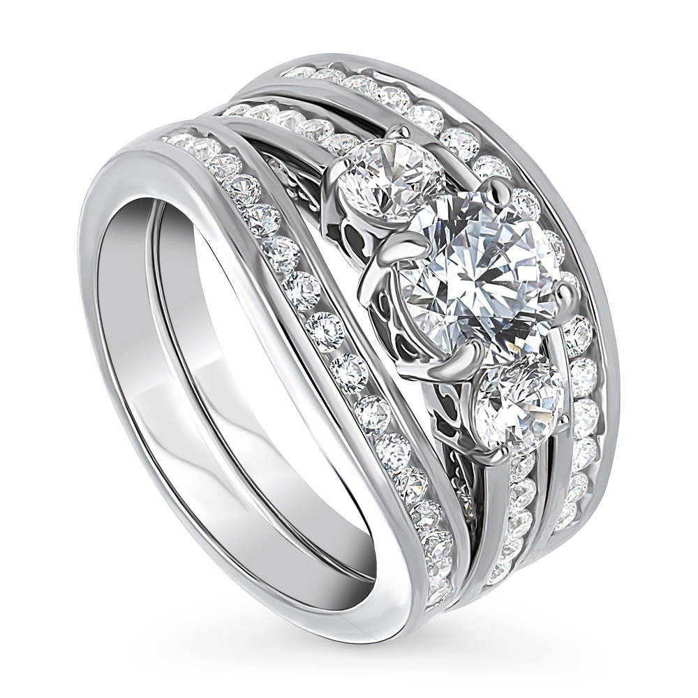 Front view of 3-Stone Round CZ Ring Set in Sterling Silver, 3 of 17