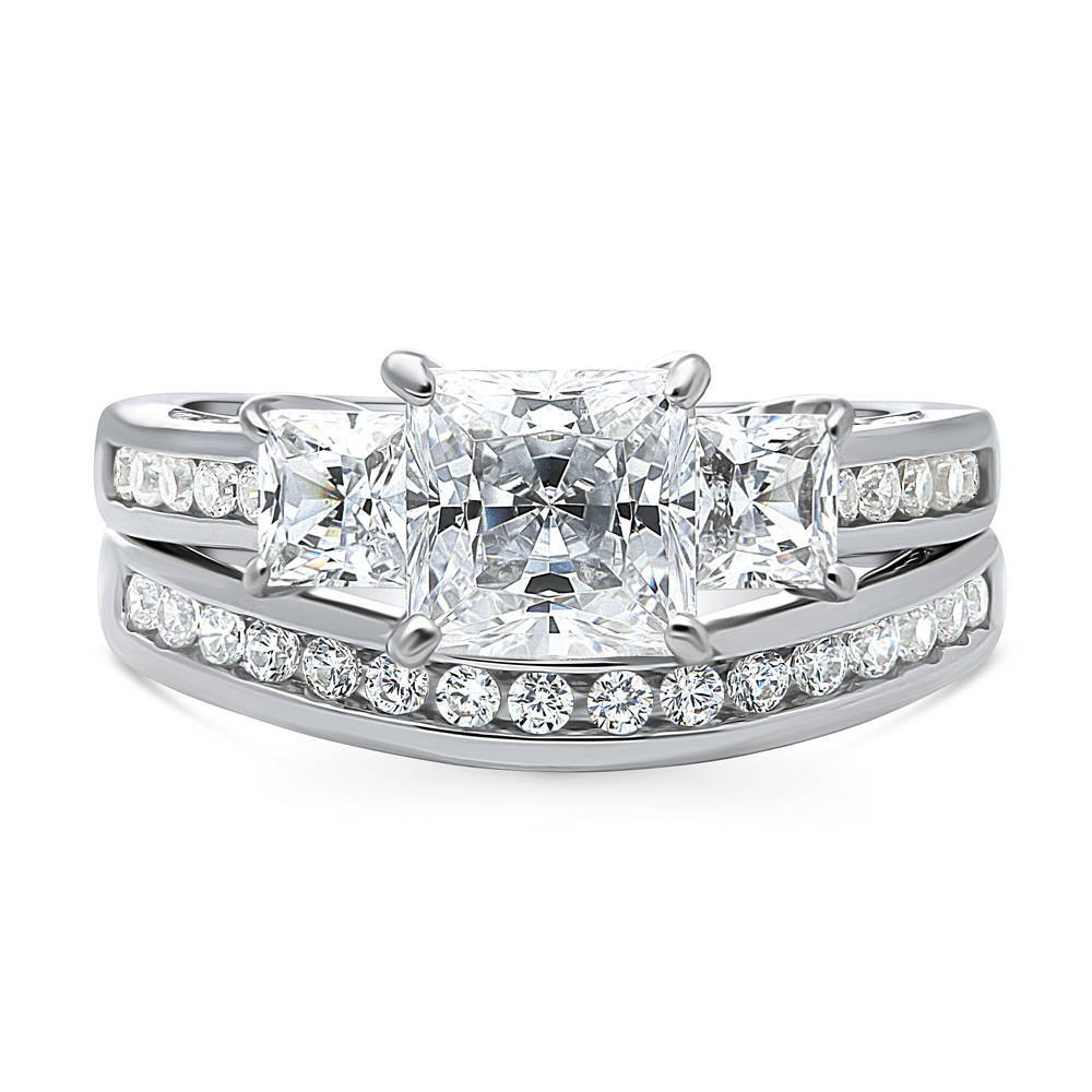 3-Stone Princess CZ Ring Set in Sterling Silver