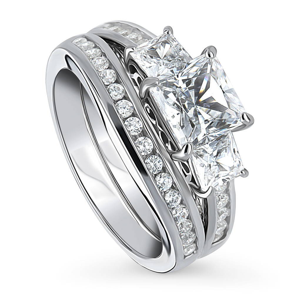 3-Stone Princess CZ Ring Set in Sterling Silver