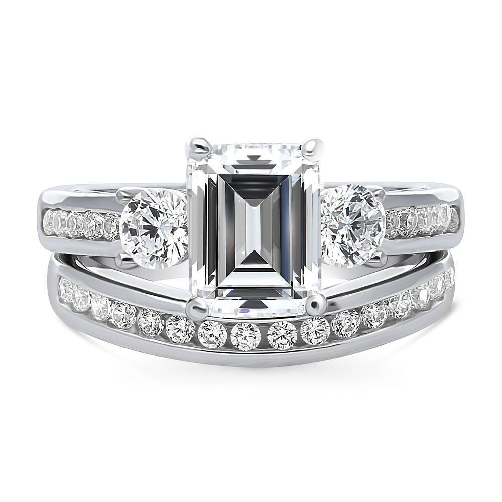 3-Stone Emerald Cut CZ Ring Set in Sterling Silver