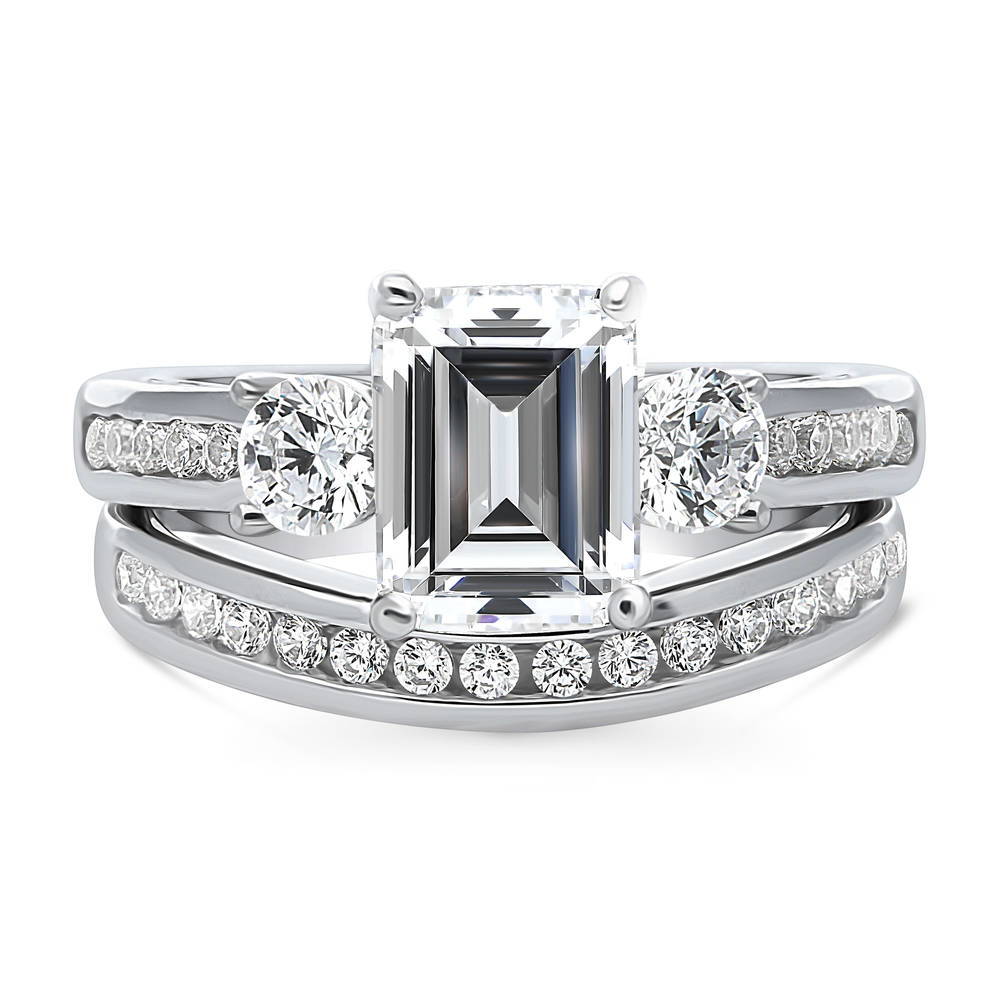 3-Stone Emerald Cut CZ Ring Set in Sterling Silver, 1 of 18