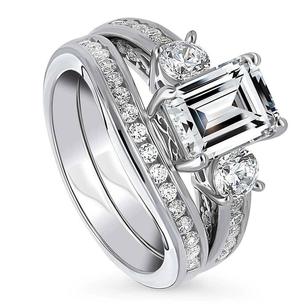 Front view of 3-Stone Emerald Cut CZ Ring Set in Sterling Silver, 4 of 18