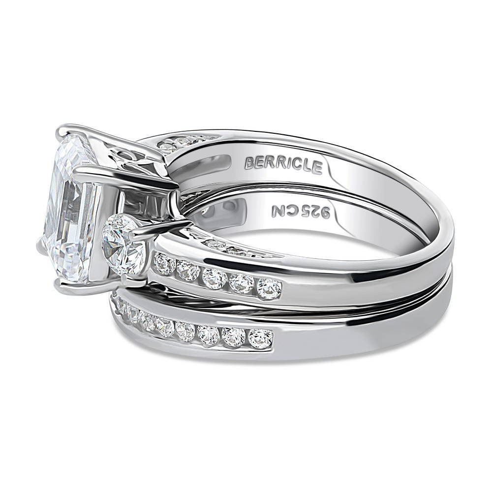 Angle view of 3-Stone Emerald Cut CZ Ring Set in Sterling Silver, 5 of 18