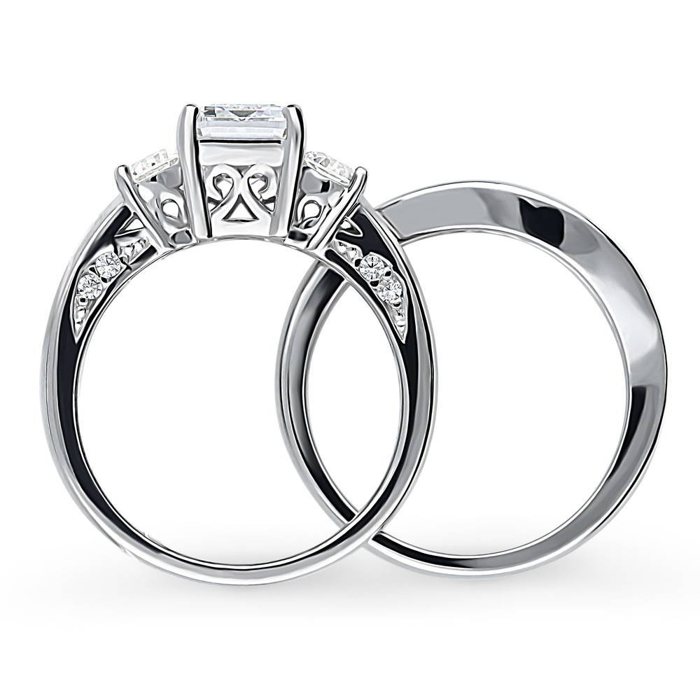 3-Stone Emerald Cut CZ Ring Set in Sterling Silver