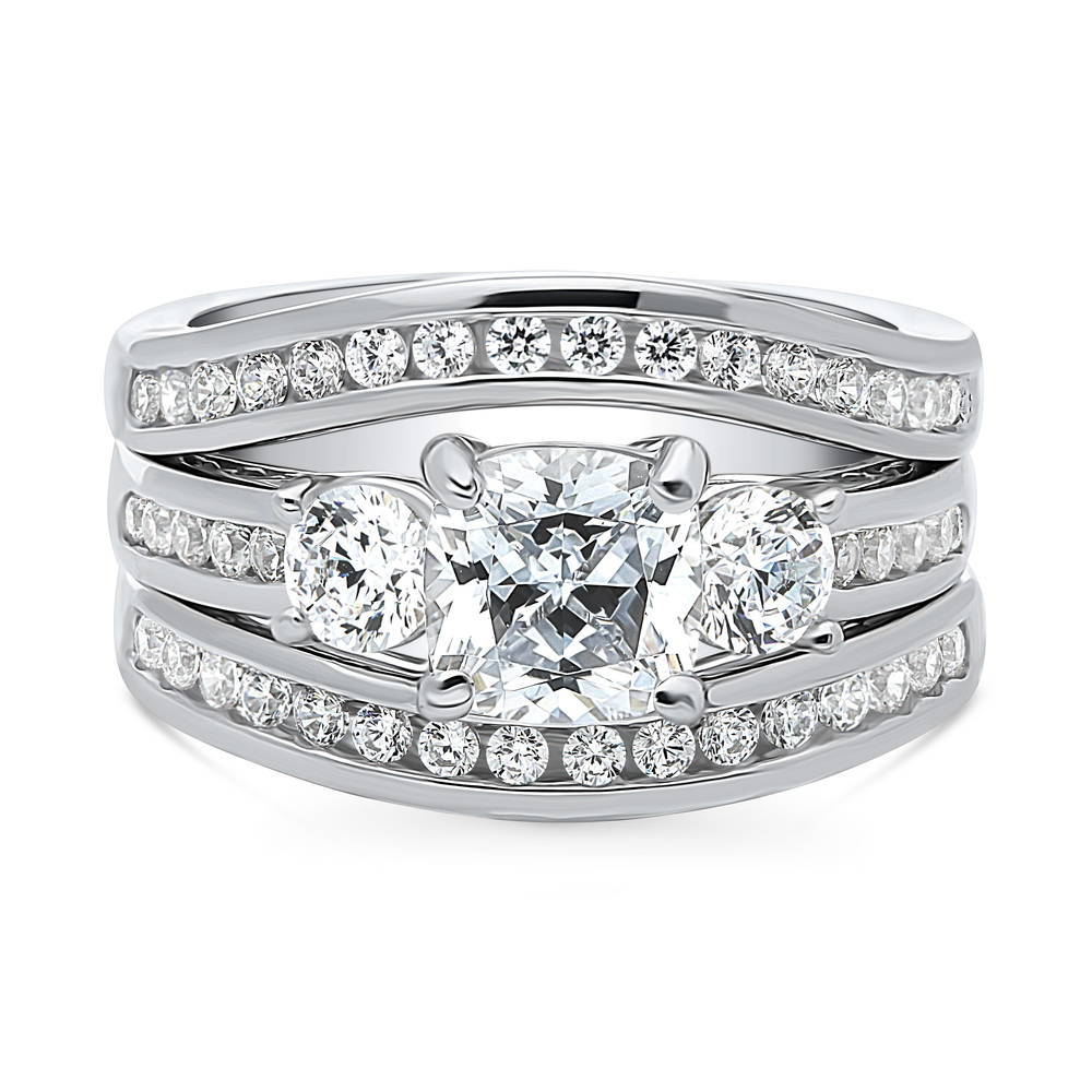 3-Stone Cushion CZ Ring Set in Sterling Silver, 1 of 17