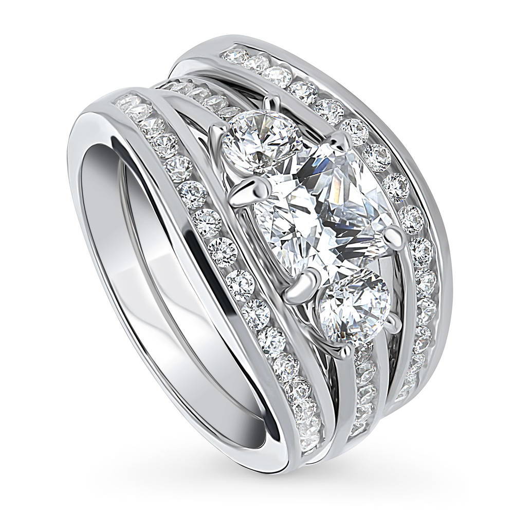 Front view of 3-Stone Cushion CZ Ring Set in Sterling Silver, 4 of 17