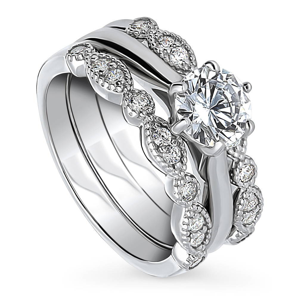 Front view of Solitaire 1ct Round CZ Ring Set in Sterling Silver, 3 of 13