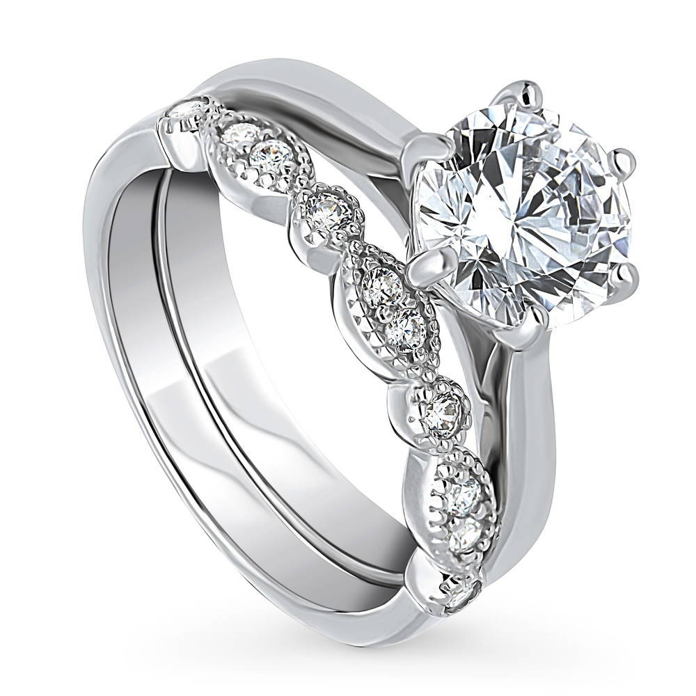 Solitaire Milgrain Art Deco 2ct CZ Ring Set in Sterling Silver