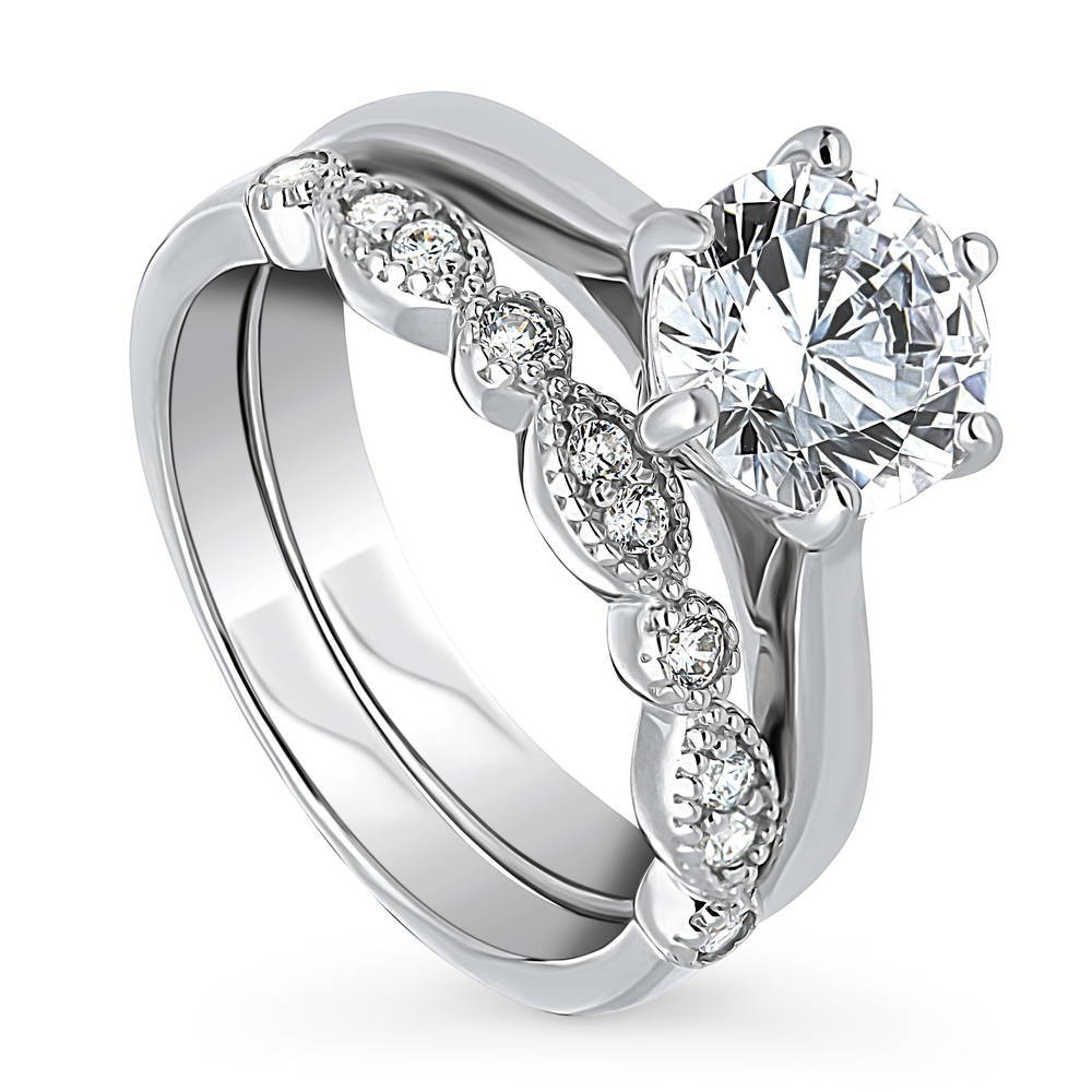Front view of Solitaire 2ct Round CZ Ring Set in Sterling Silver, 3 of 17