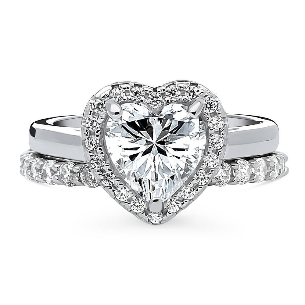 Halo Heart CZ Ring Set in Sterling Silver