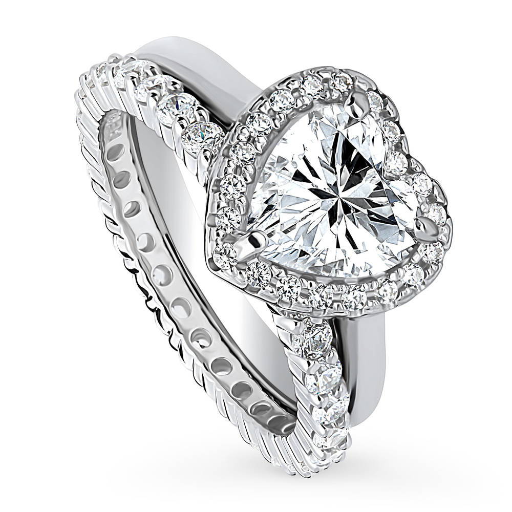 Halo Heart CZ Ring Set in Sterling Silver