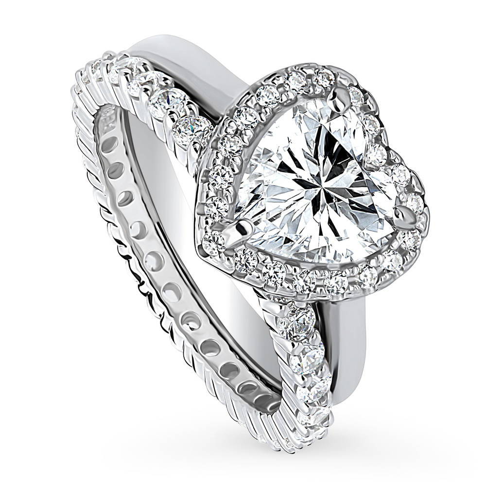 Front view of Halo Heart CZ Ring Set in Sterling Silver, 3 of 14