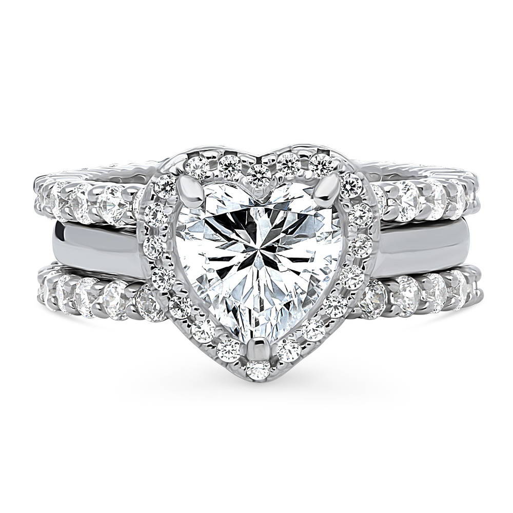 Halo Heart CZ Ring Set in Sterling Silver