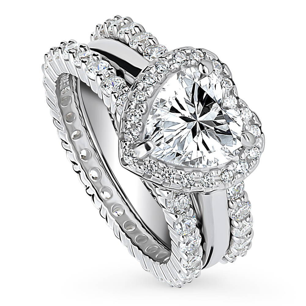 Halo Heart CZ Ring Set in Sterling Silver