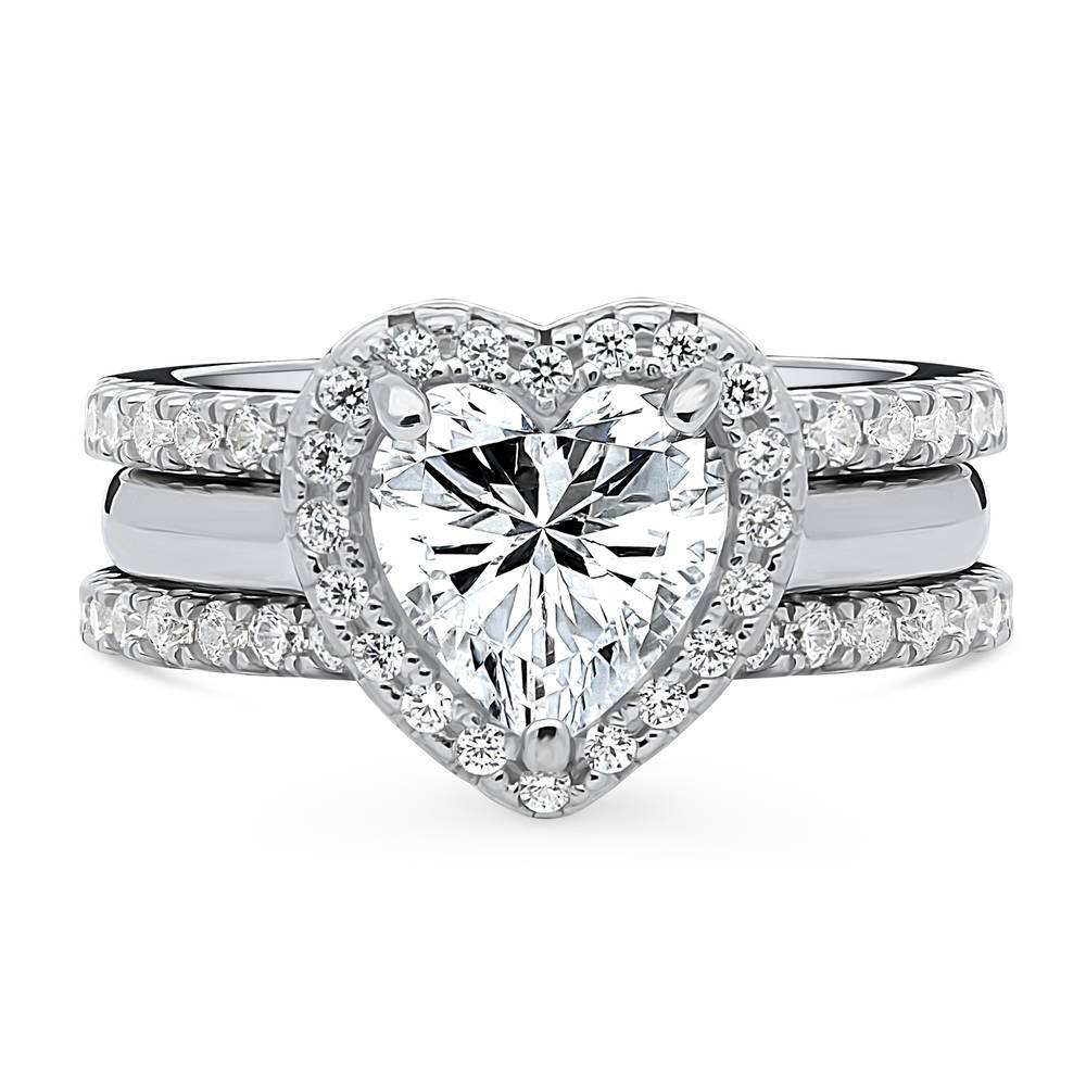 Halo Heart CZ Ring Set in Sterling Silver