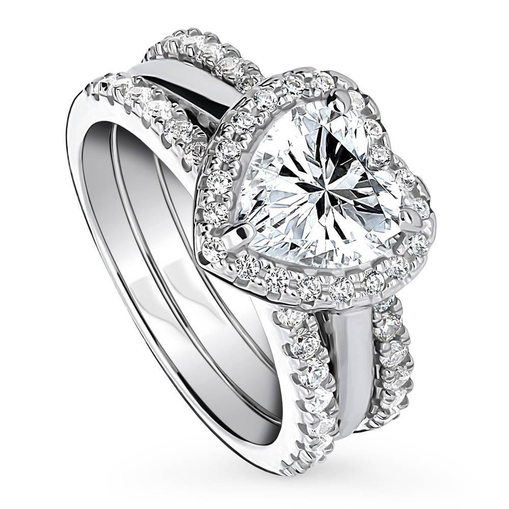 Halo Heart CZ Ring Set in Sterling Silver