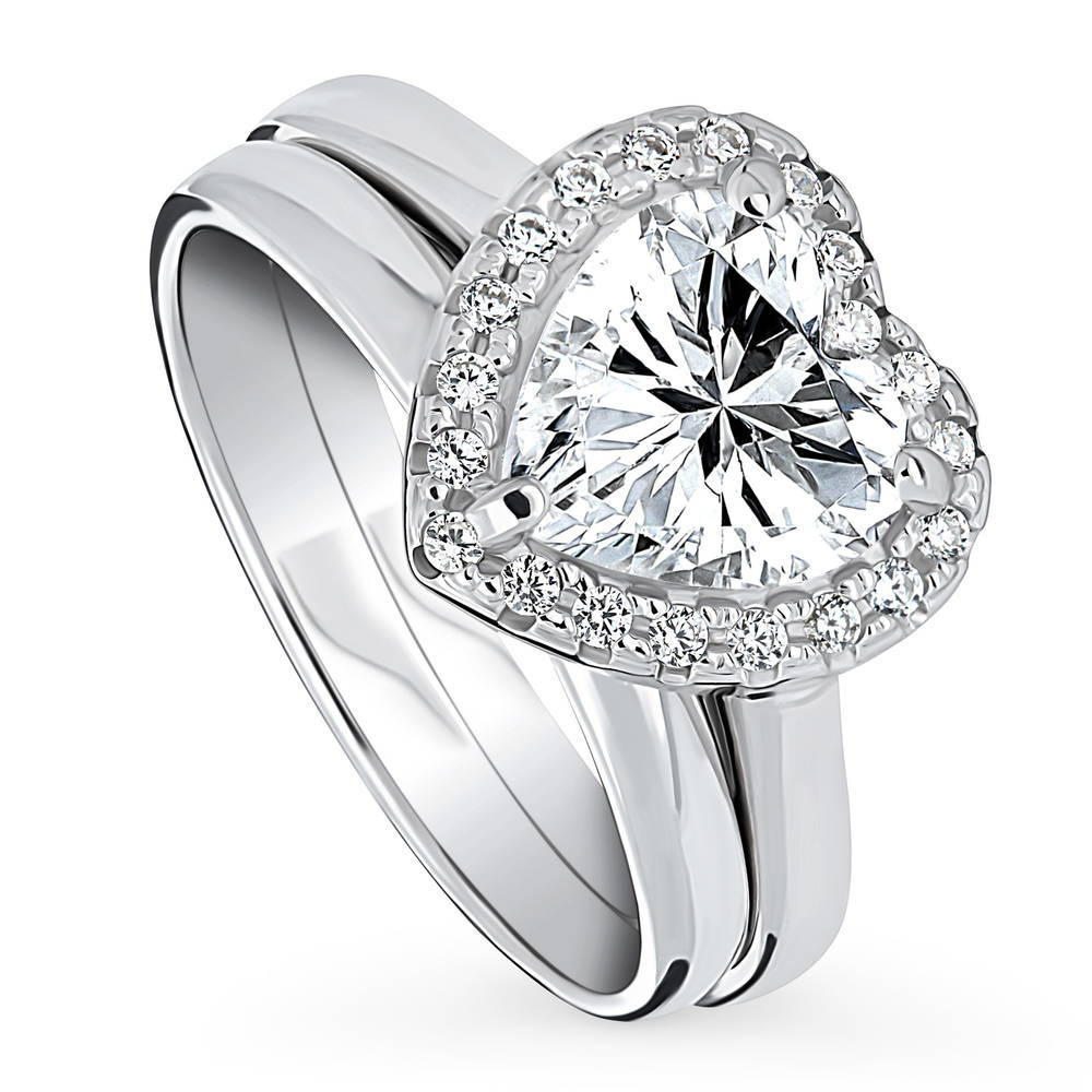 Halo Heart CZ Ring Set in Sterling Silver