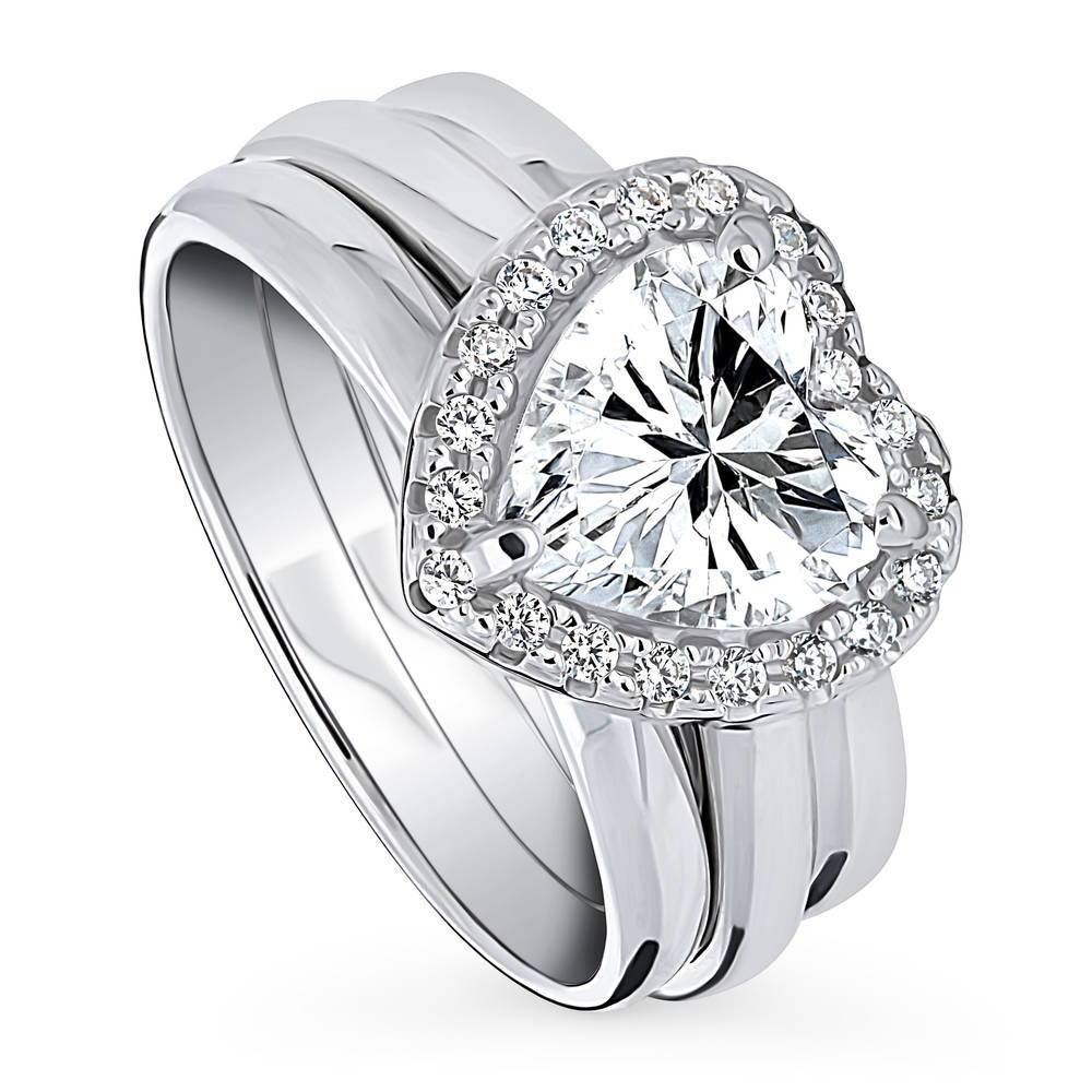 Halo Heart CZ Ring Set in Sterling Silver