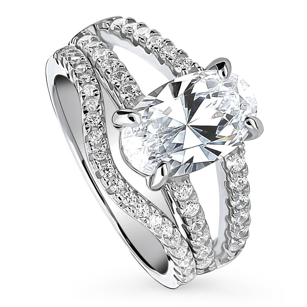 Solitaire 2.7ct Oval CZ Split Shank Ring Set in Sterling Silver