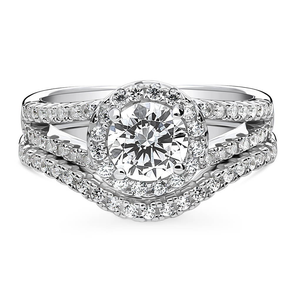 Halo Round CZ Split Shank Ring Set in Sterling Silver