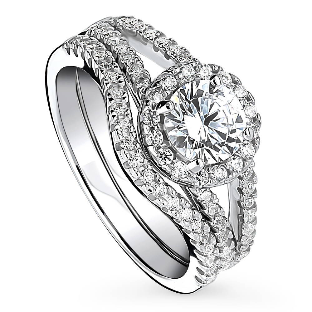 Halo Round CZ Split Shank Ring Set in Sterling Silver