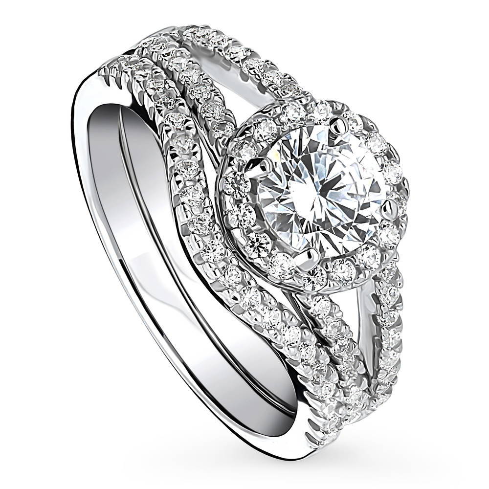 Halo Wishbone CZ Split Shank Ring Set in Sterling Silver