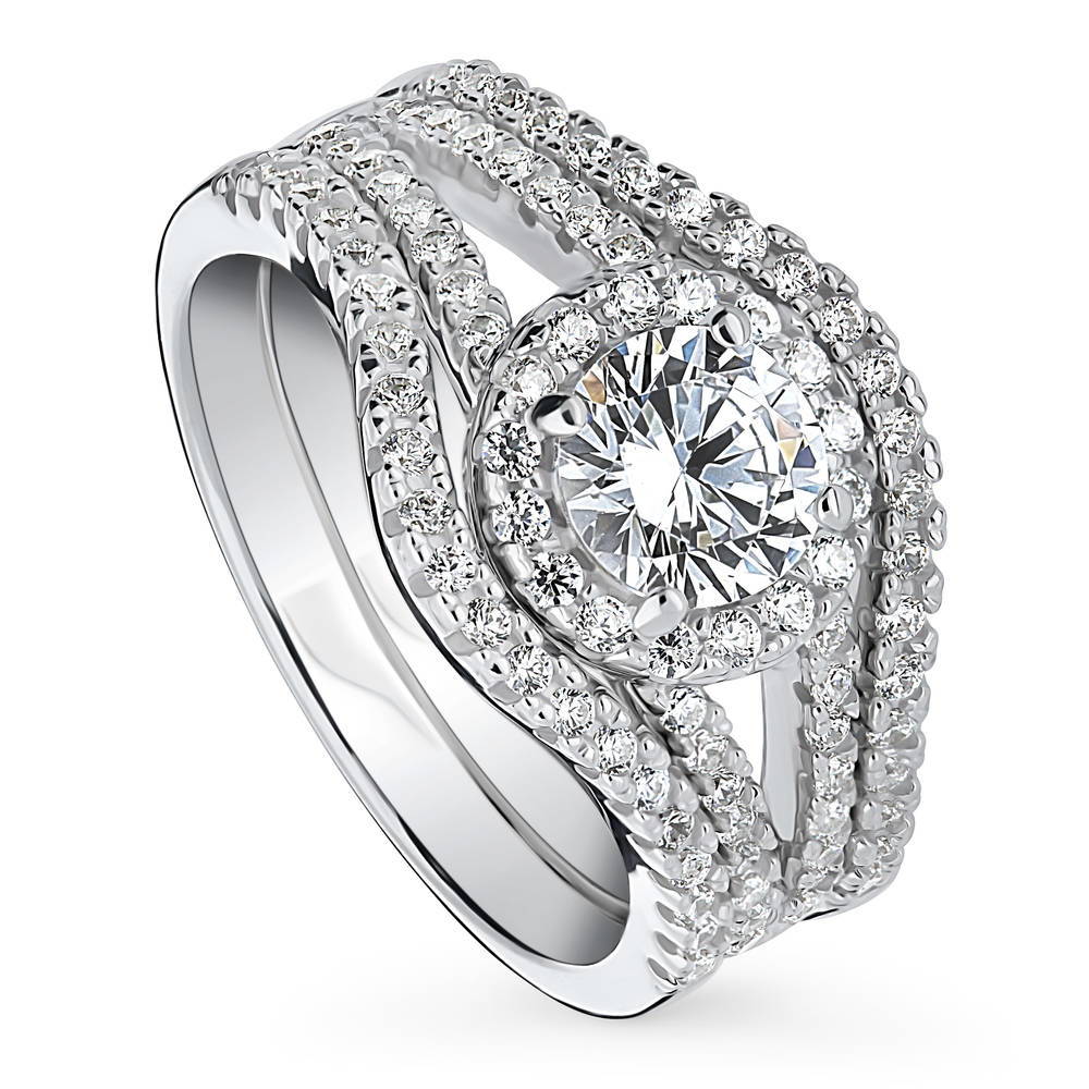 Halo Wishbone CZ Split Shank Ring Set in Sterling Silver