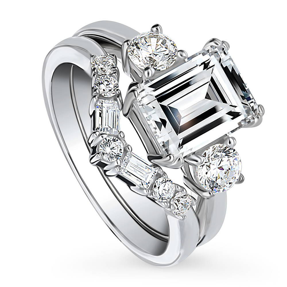 3-Stone 7-Stone Emerald Cut CZ Ring Set in Sterling Silver