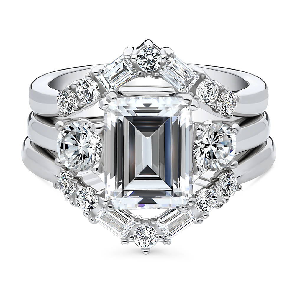 3-Stone 7-Stone Emerald Cut CZ Ring Set in Sterling Silver