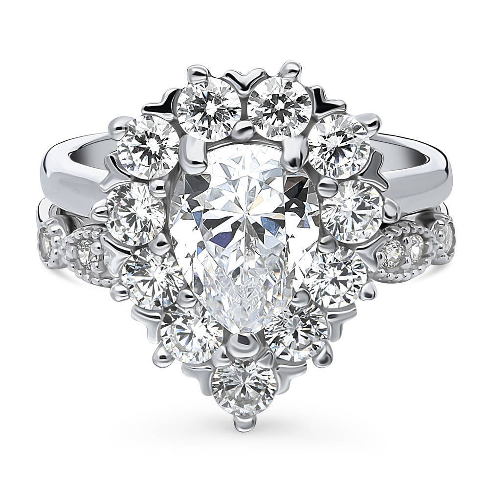 Halo Pear CZ Ring Set in Sterling Silver, 1 of 19