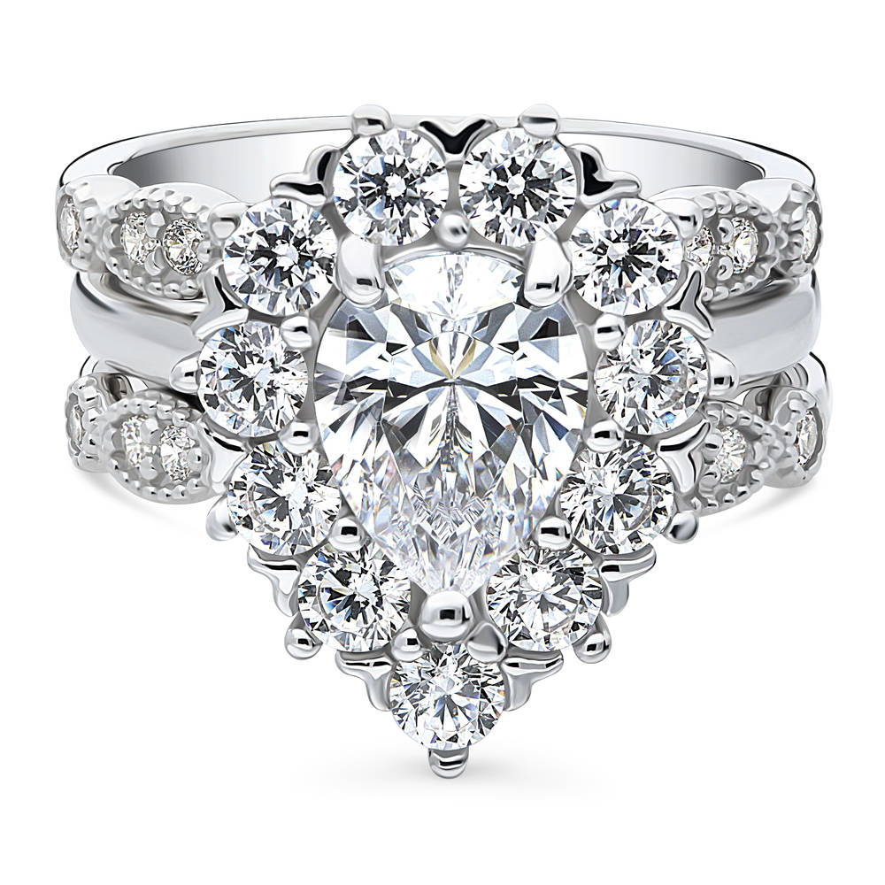 Halo Pear CZ Ring Set in Sterling Silver, 1 of 19