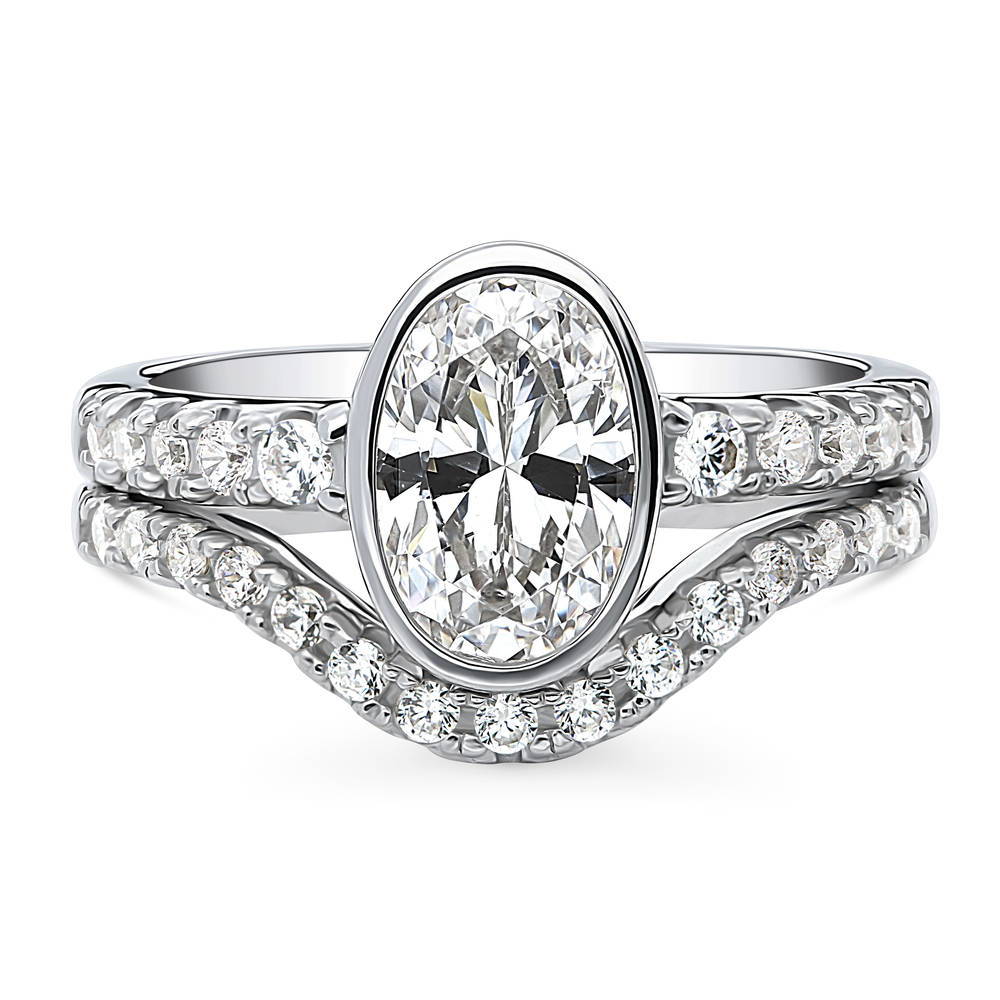 Solitaire 1.4ct Bezel Set Oval CZ Ring Set in Sterling Silver