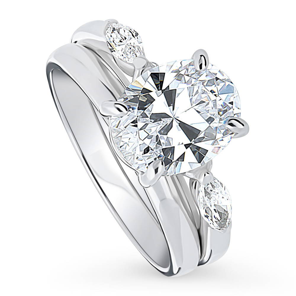 Front view of 3-Stone Oval CZ Ring Set in Sterling Silver, 4 of 13